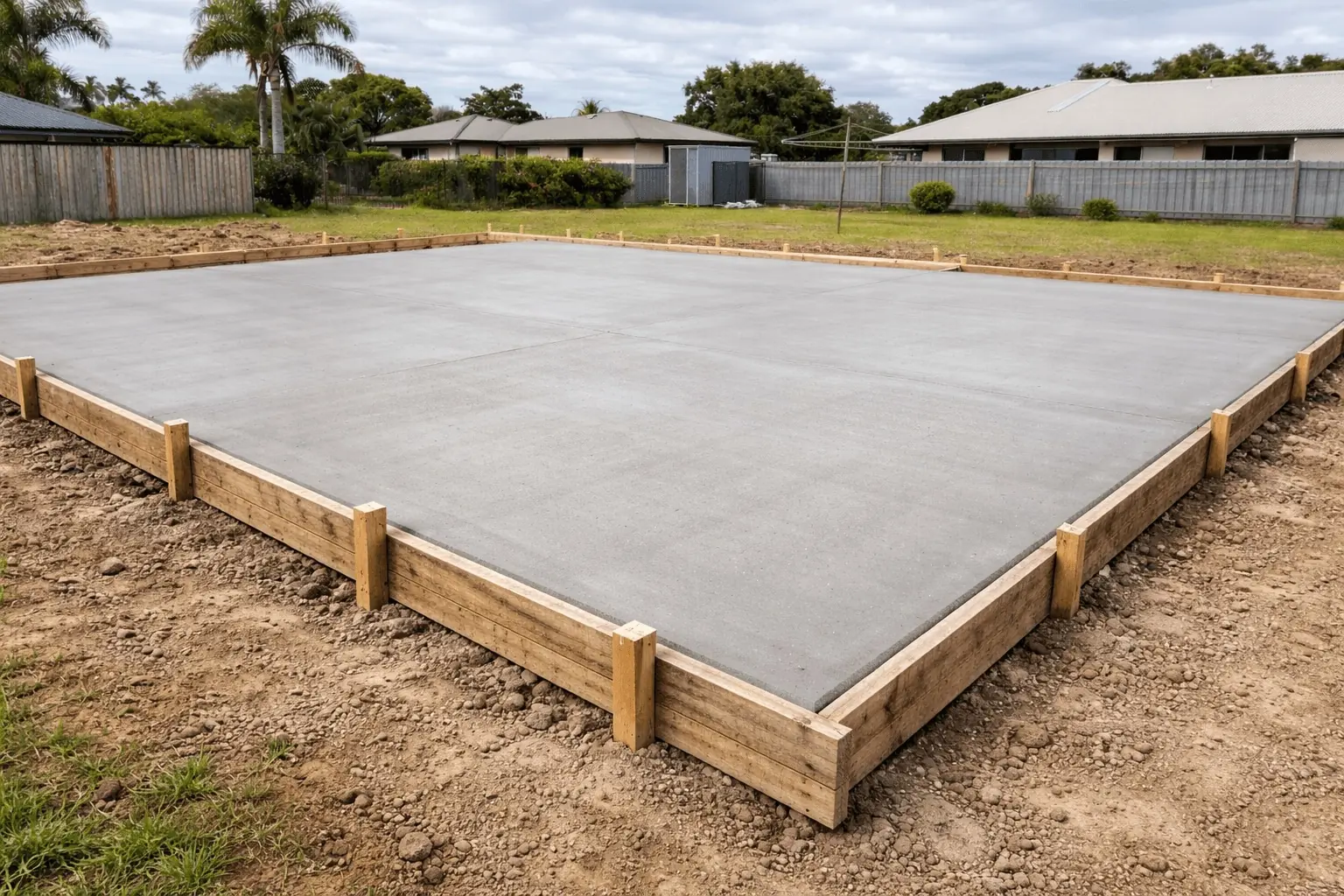 Freshly poured concrete house slab with formwork